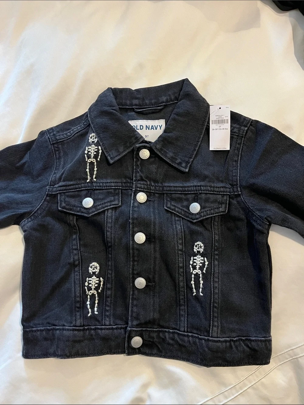 NWT Old Navy Black Denim Kids Jacket with White Skeleton Embroidery